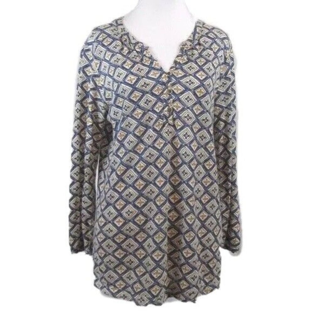 Lucky Brand Top S Blue Green Print Cotton Blend Popover - Picture 1 of 5